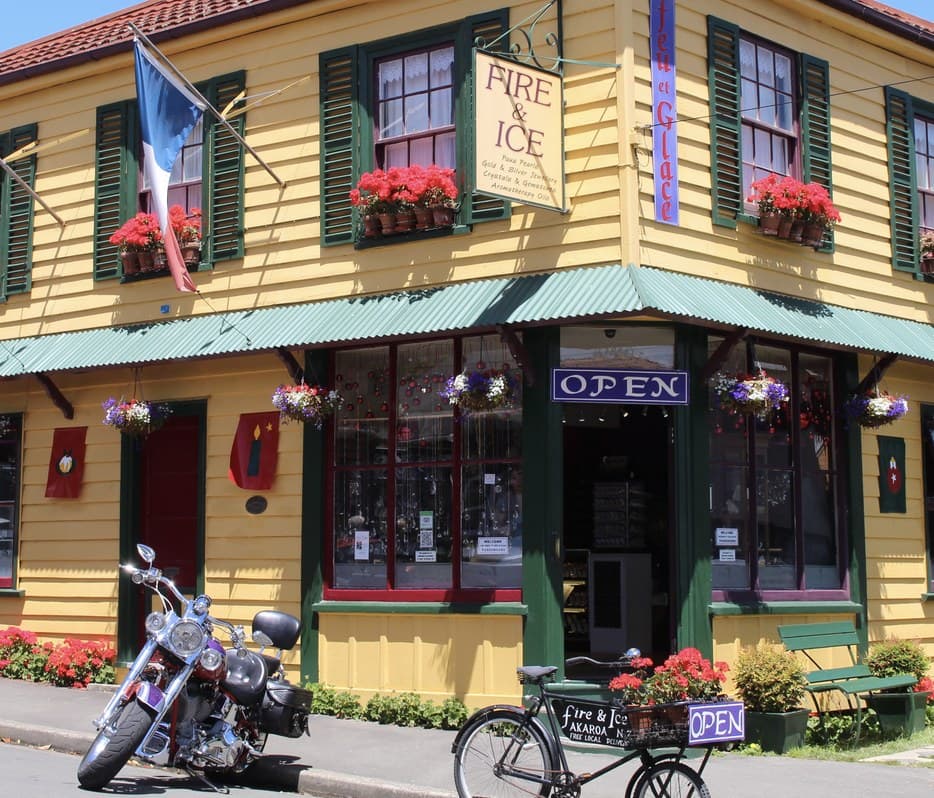 The Fire and Ice store on the corner in Akaroa