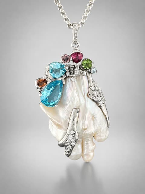 Baroque Pearl Pendant with Blue Topaz & Tourmaline - Sterling Silver